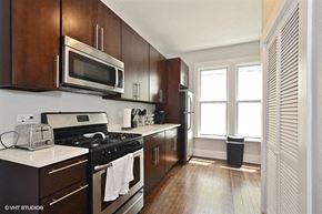 Chicago apartment for rent - a kitchen with a stove and a microwave