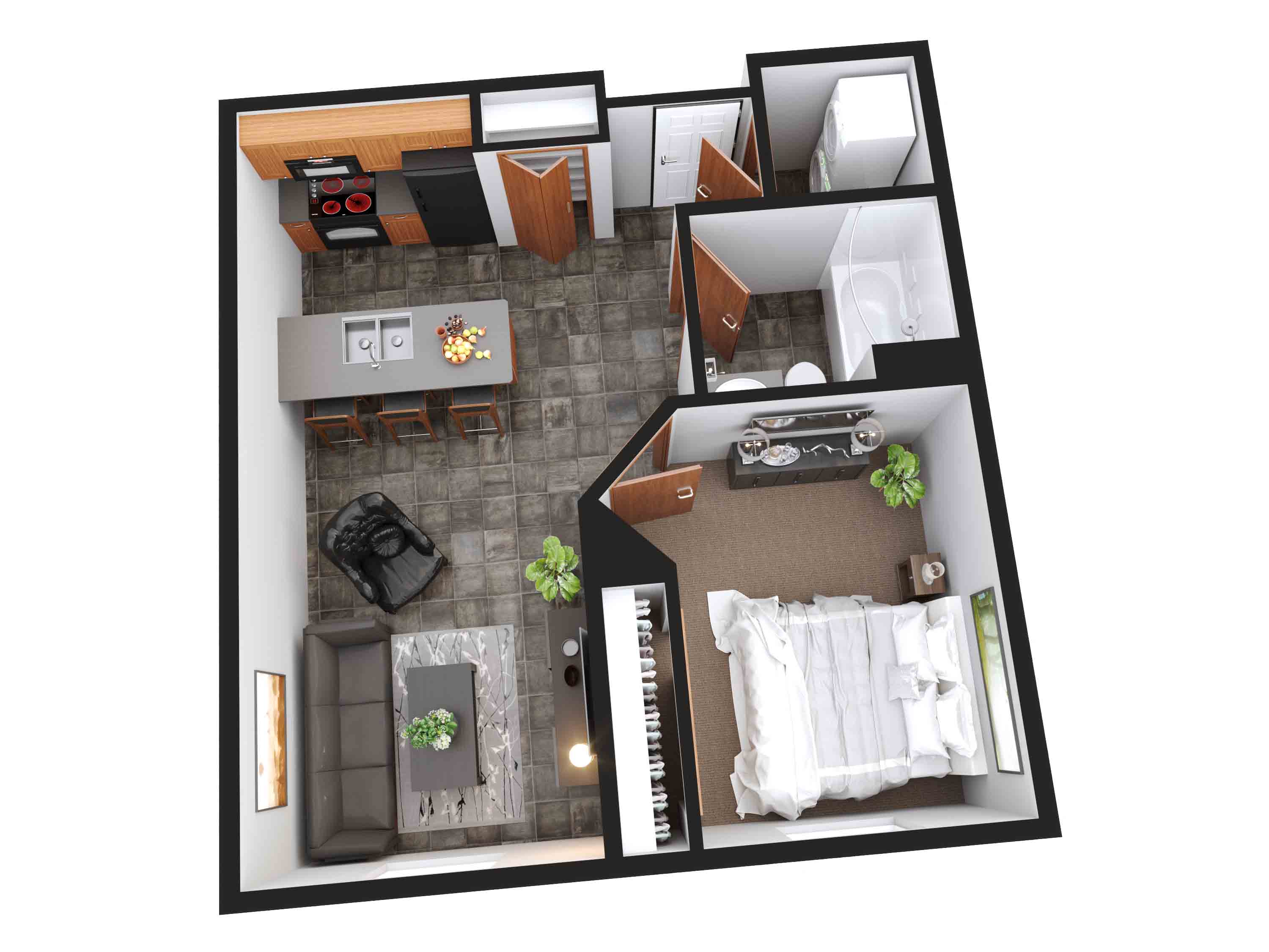 Floor plan for 1 bed, 1 bath, 619 sqft