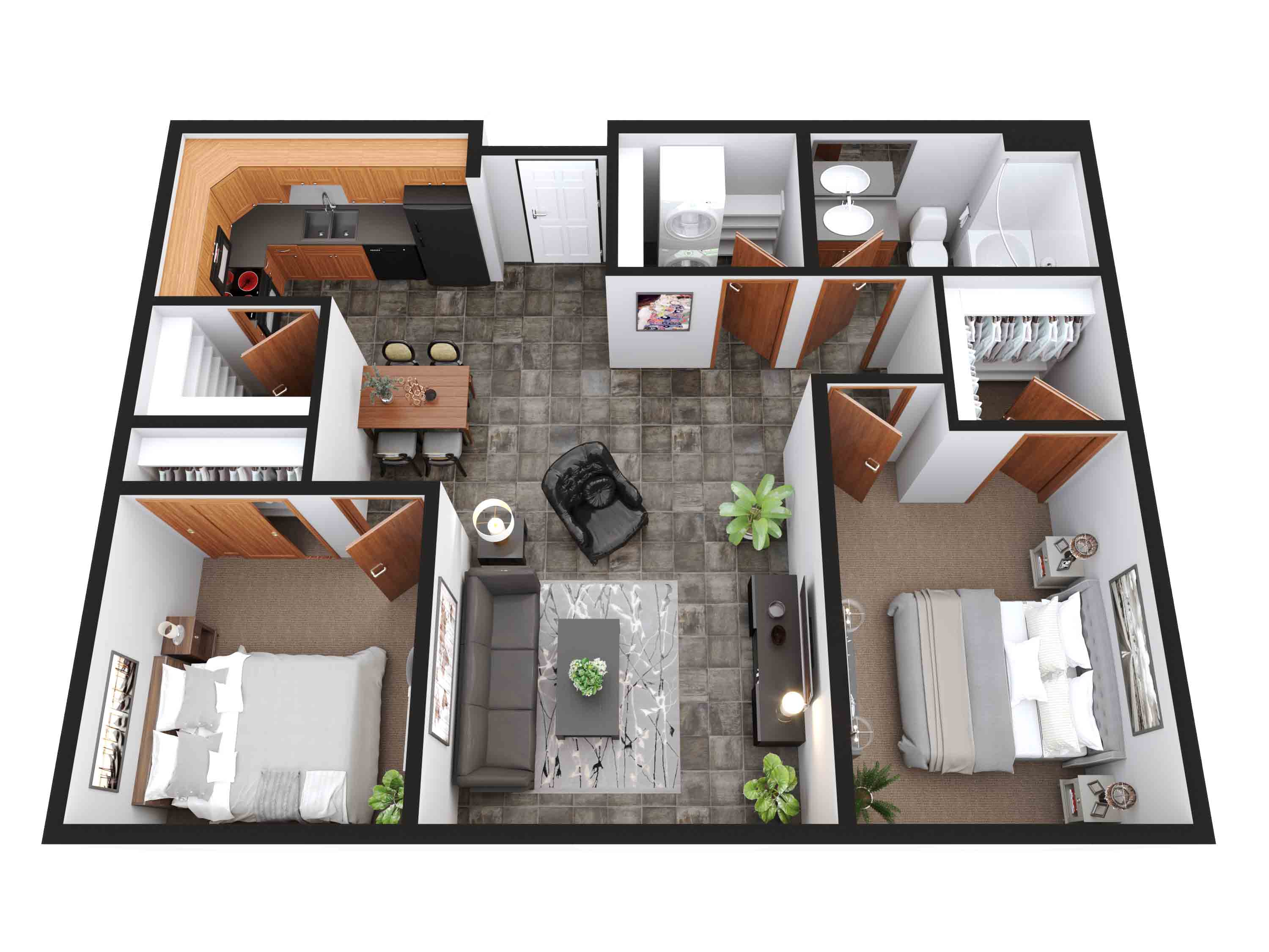 Floor plan for 2 beds, 1 bath, 912 sqft