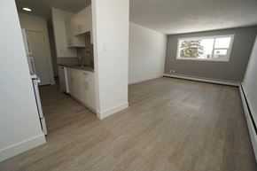 Edmonton apartment for rent - an empty living room and kitchen with wood floors