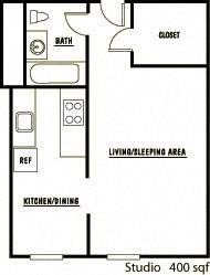 Floor plan for studio, 1 bath, 400 sqft