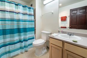 Seattle apartment for rent - a bathroom with a shower toilet sink and a mirror