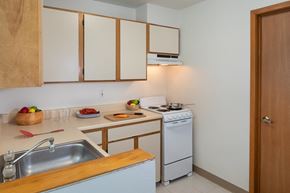 Seattle apartment for rent - A kitchen with a sink, stove, and cabinets.