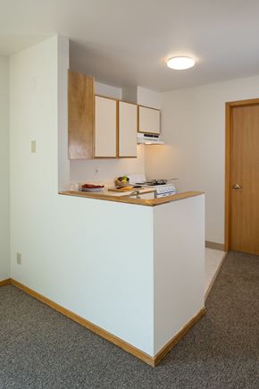 Seattle apartment for rent - A kitchen area with a counter and cabinets.