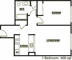 Floor plan for 1 bed, 1 bath, 566 sqft