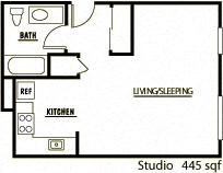 Floor plan for studio, 1 bath, 470 sqft