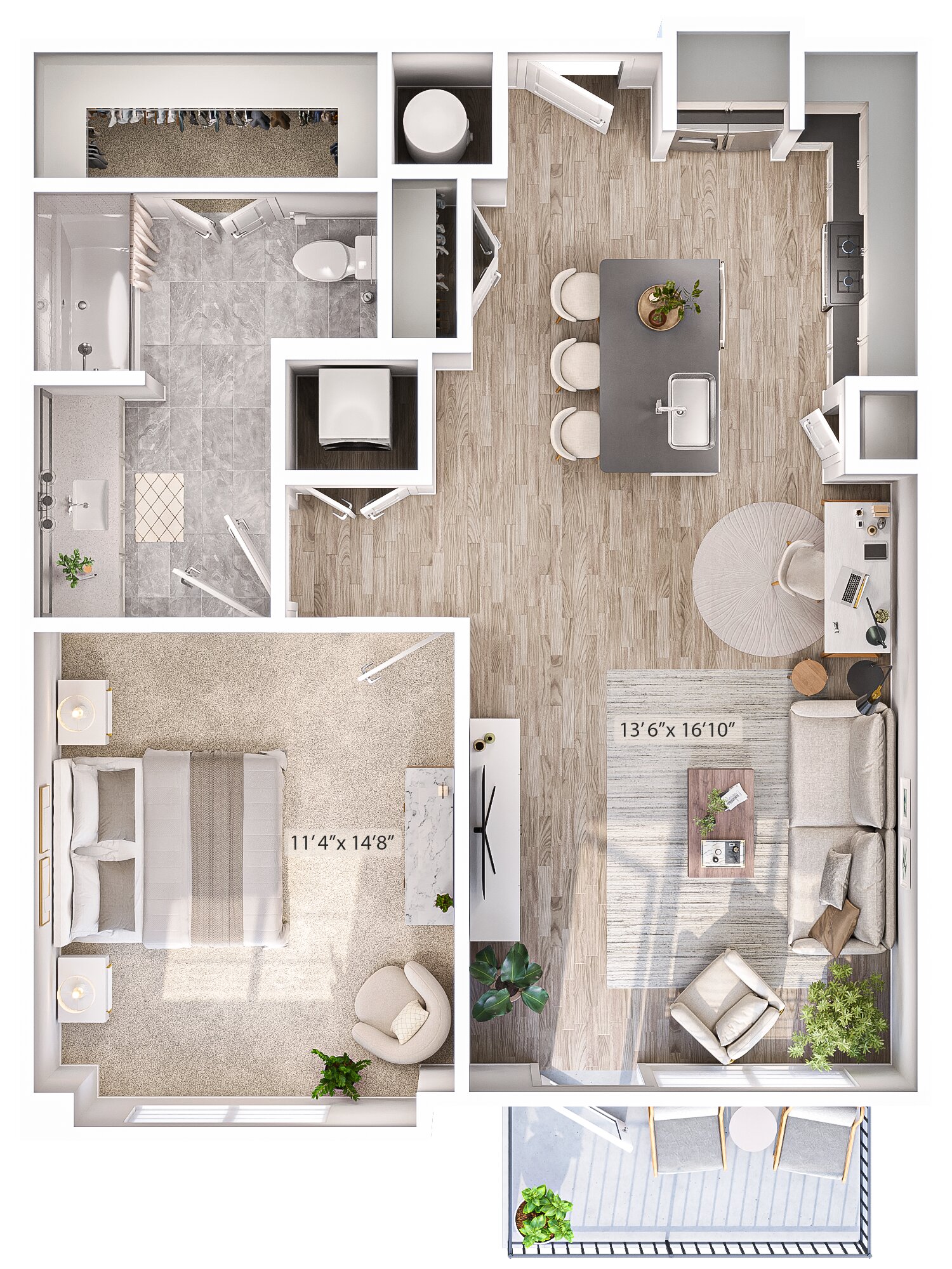 Floor plan for 1 bed, 1 bath, 795 sqft