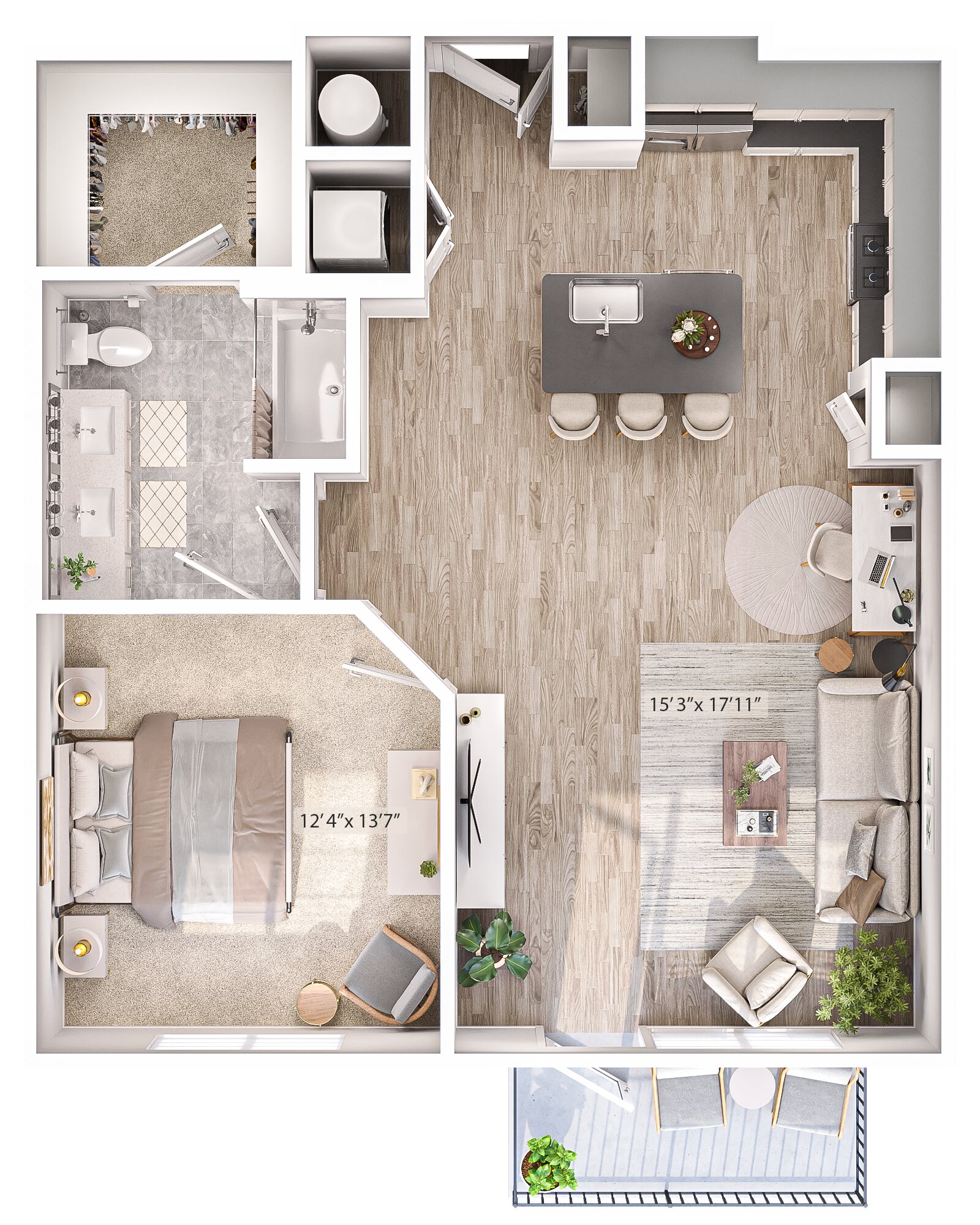 Floor plan for 1 bed, 1 bath, 839 sqft