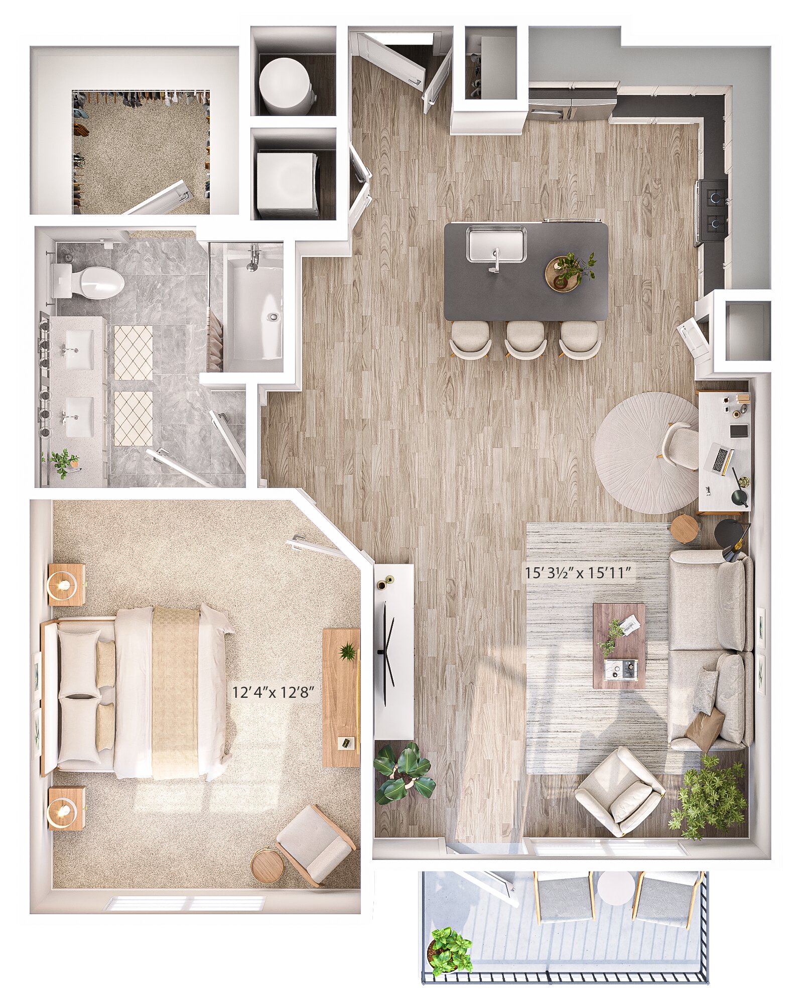 Floor plan for 1 bed, 1 bath, 865 sqft