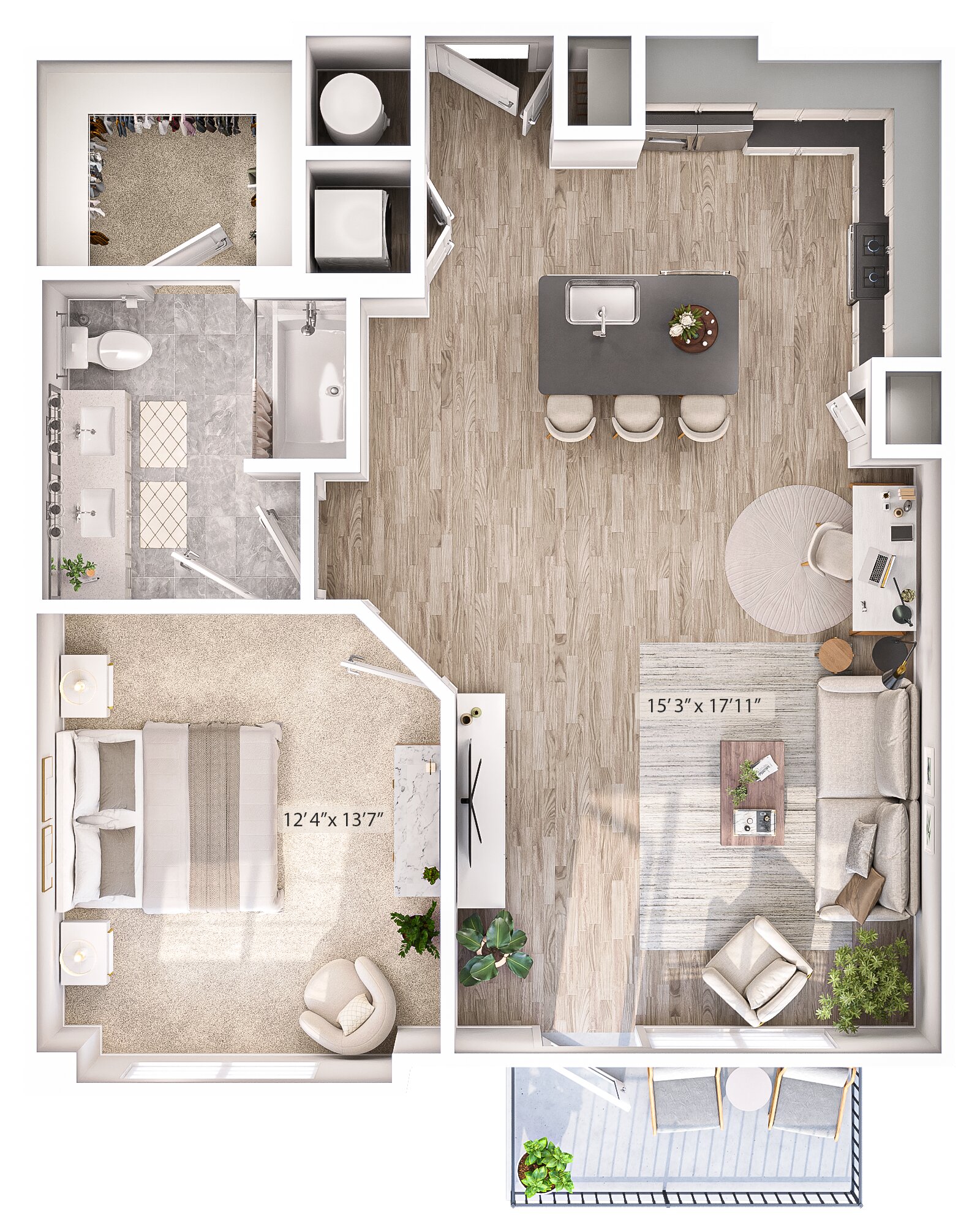 Floor plan for 1 bed, 1 bath, 851 sqft