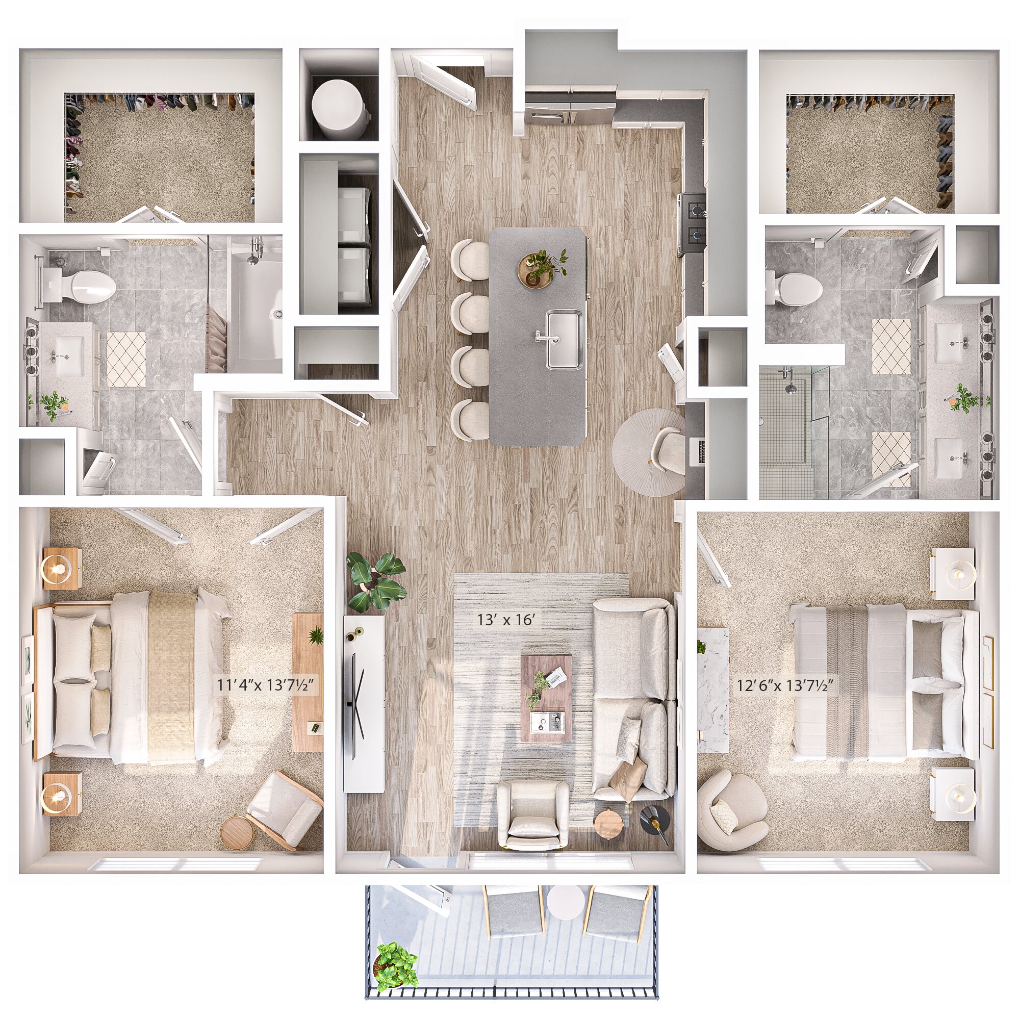 Floor plan for 2 beds, 2 baths, 1083 sqft