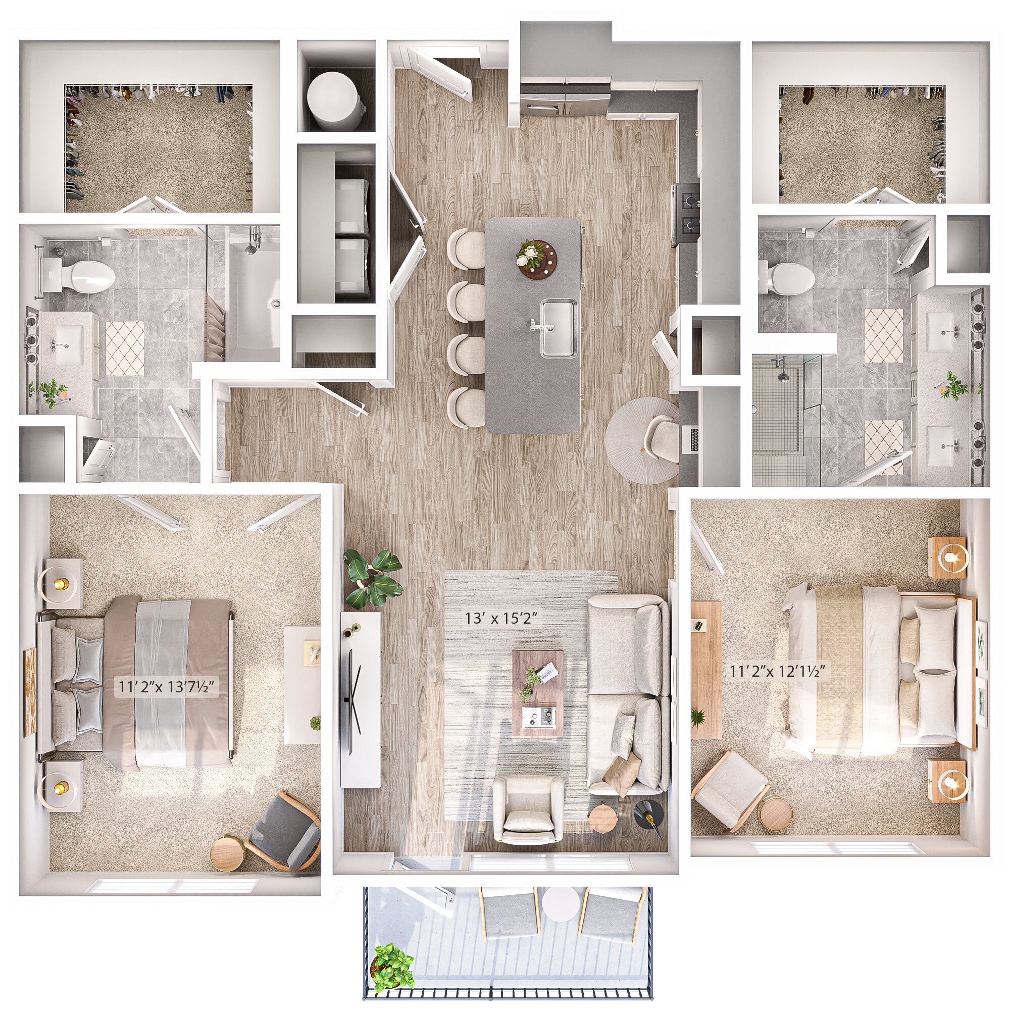 Floor plan for 2 beds, 2 baths, 1109 sqft