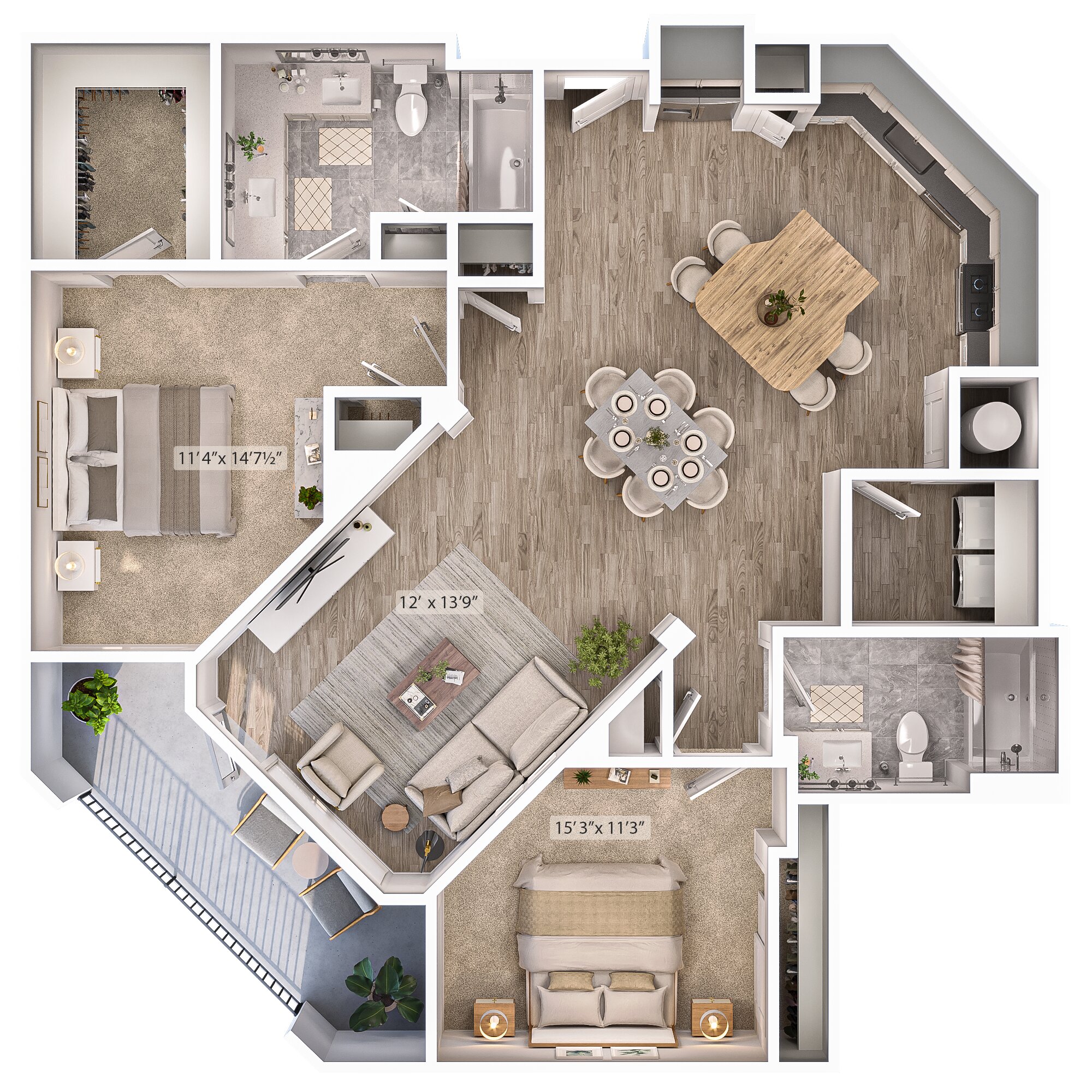 Floor plan for 2 beds, 2 baths, 1186 sqft