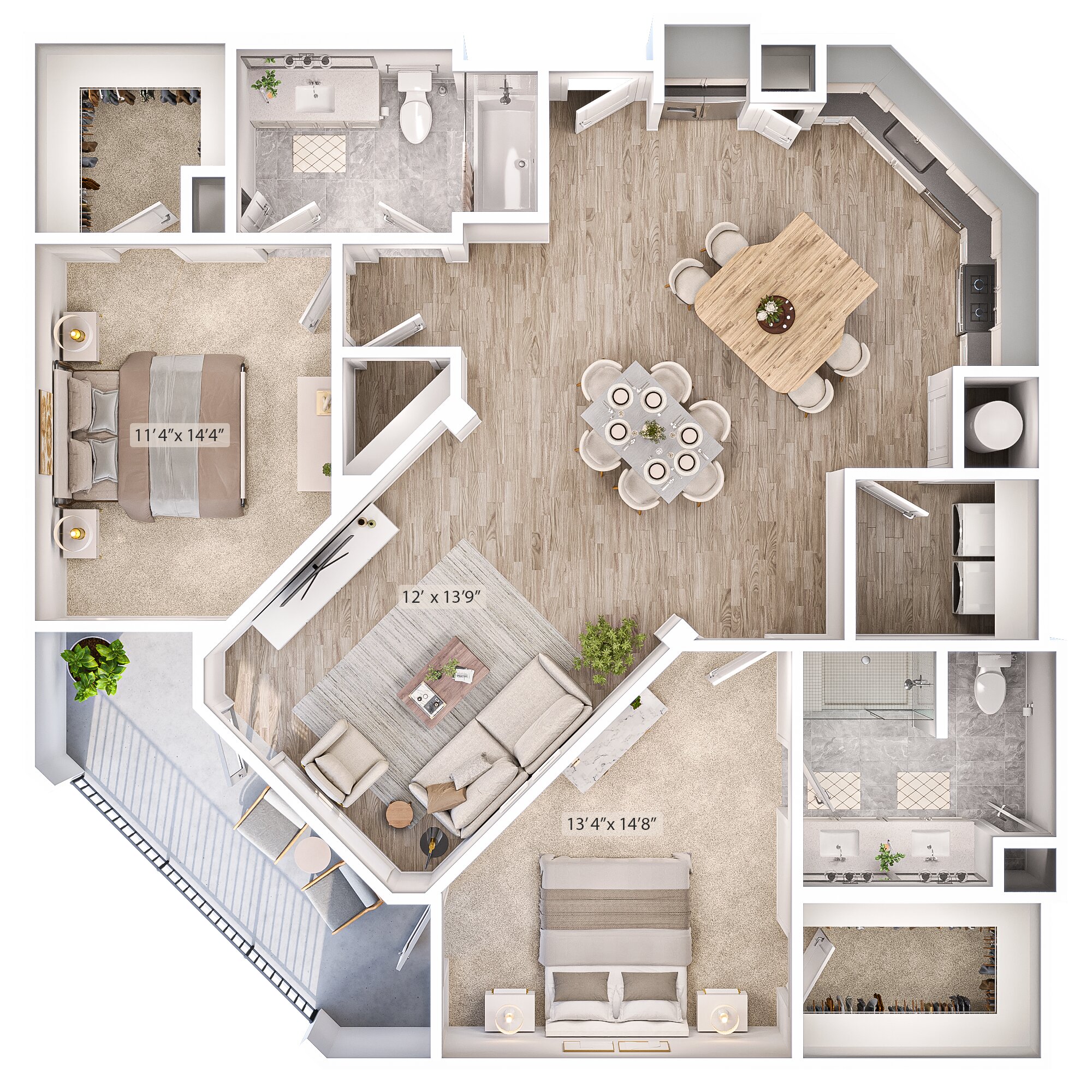 Floor plan for 2 beds, 2 baths, 1251 sqft