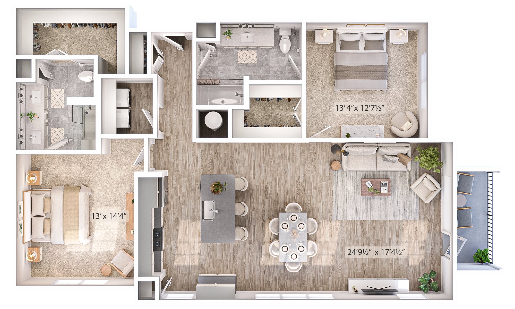 Floor plan for 2 beds, 2 baths, 1369 sqft