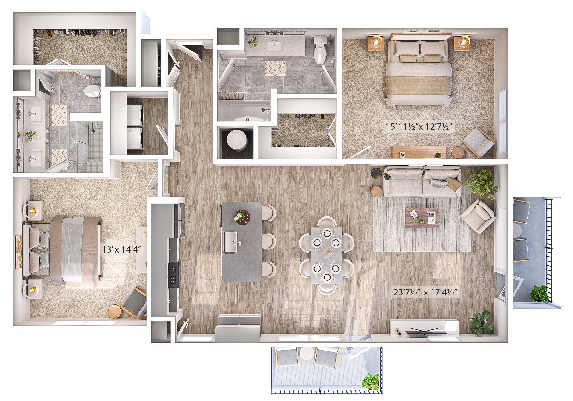 Floor plan for 2 beds, 2 baths, 1402 sqft