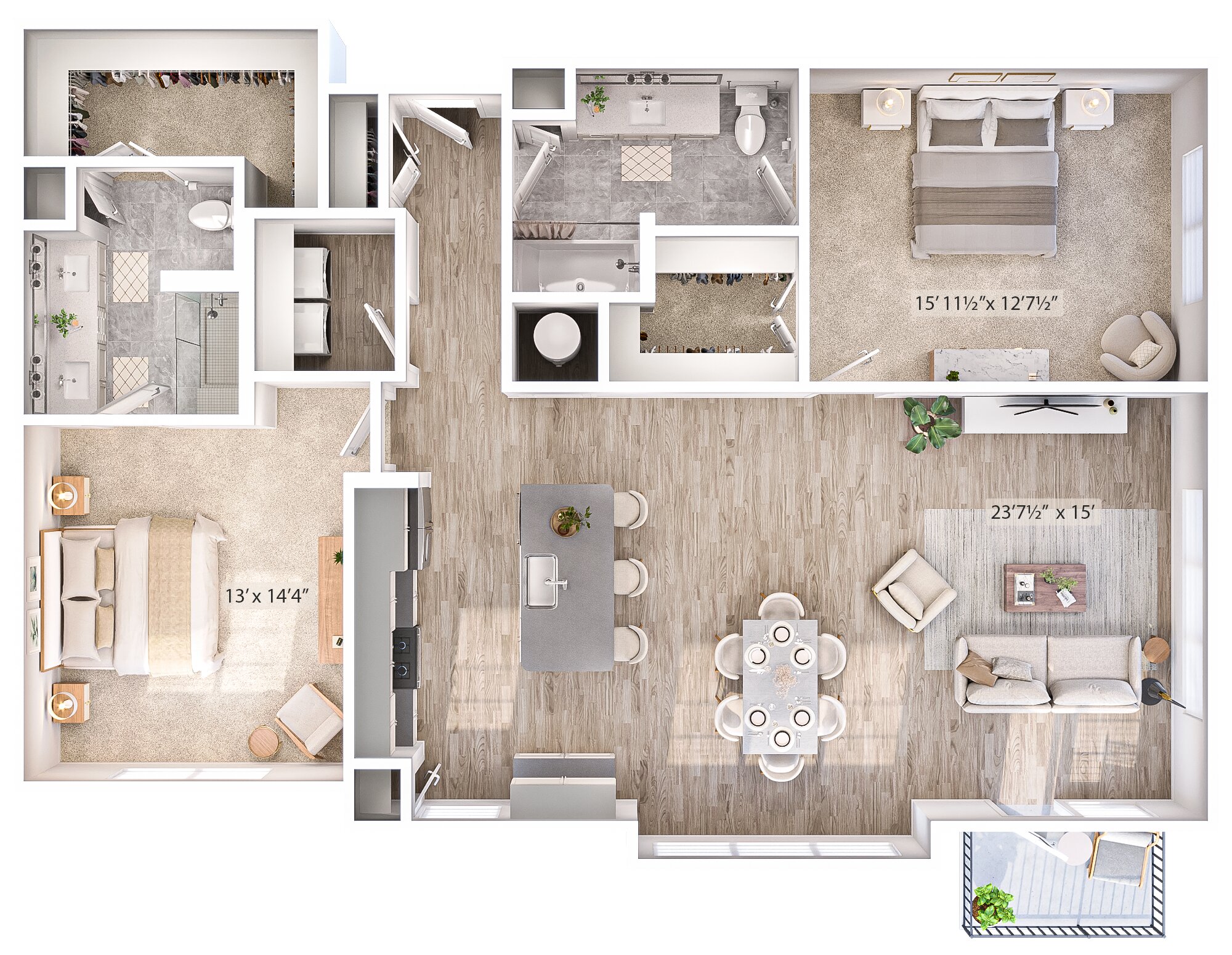 Floor plan for 2 beds, 2 baths, 1387 sqft