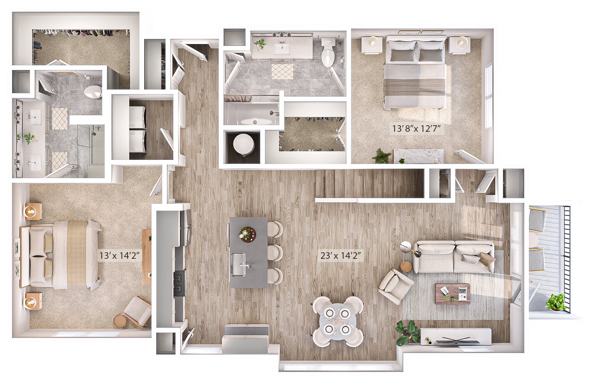 Floor plan for 3 beds, 3 baths, 1608 sqft