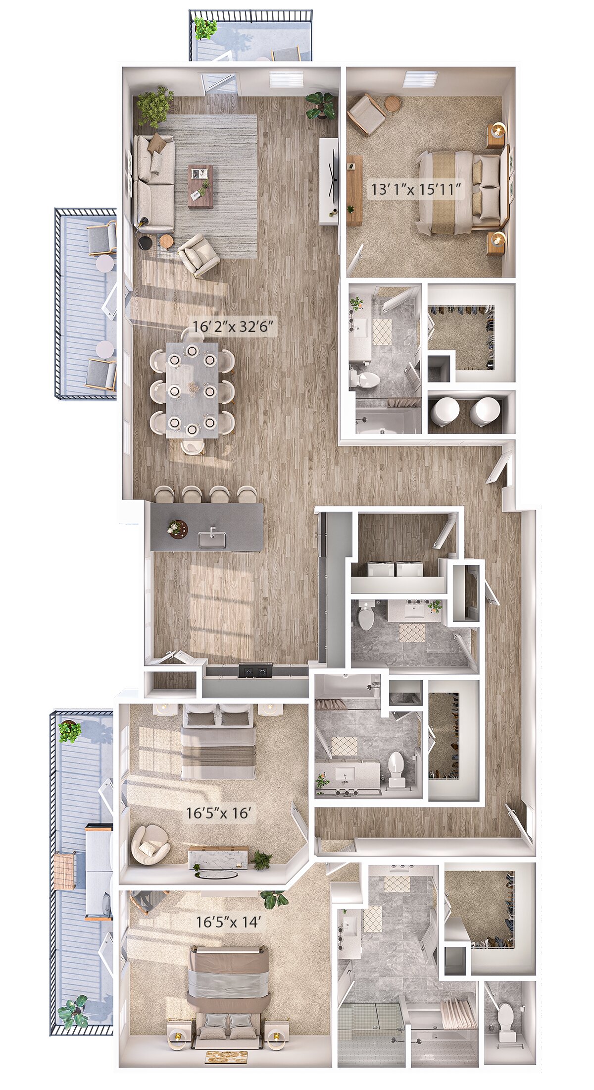 Floor plan for 3 beds, 3.5 baths, 2300 sqft