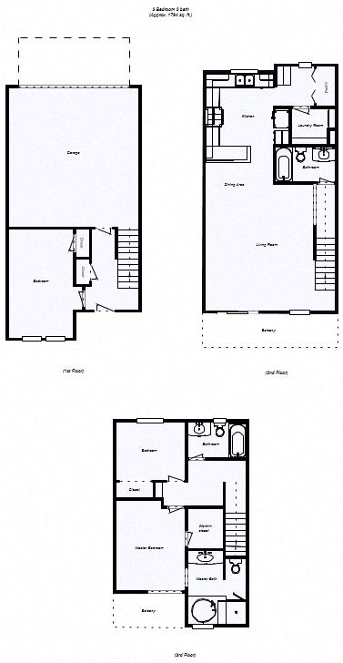 Floor plan for 3 beds, 3 baths, 1384 sqft