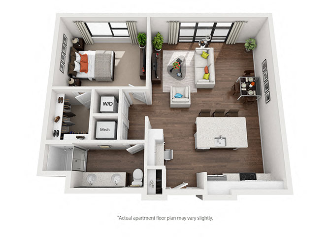 Floor plan for 1 bed, 1 bath, 849 sqft