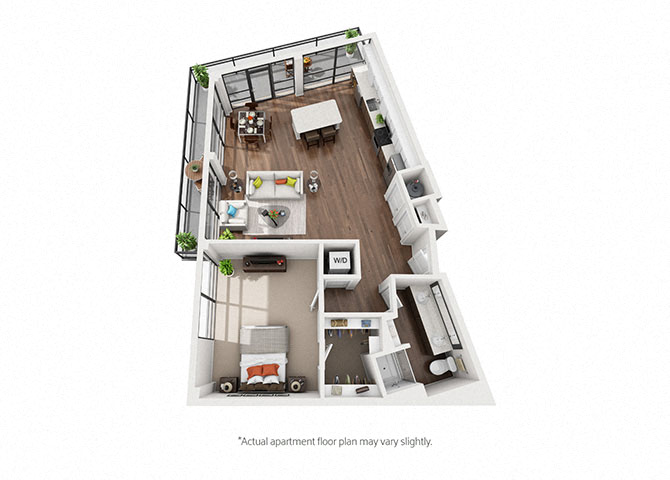Floor plan for 1 bed, 1 bath, 977 sqft