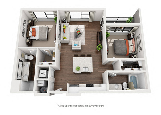 Floor plan for 2 beds, 2 baths, 1001 sqft