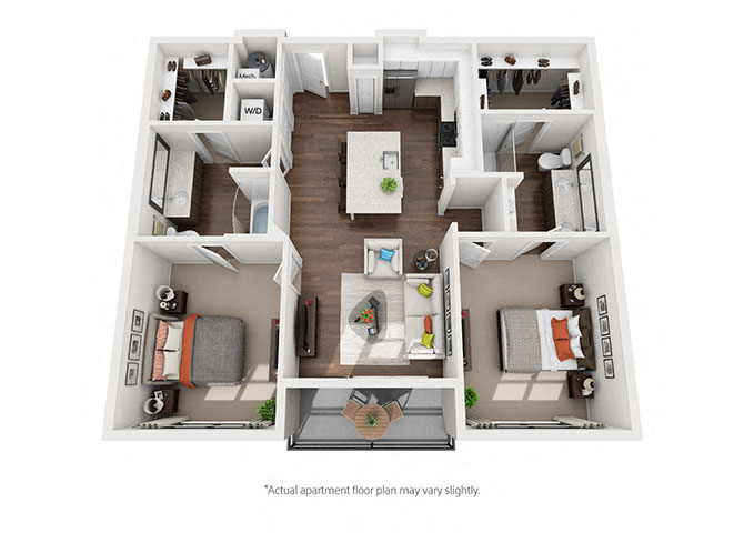 Floor plan for 2 beds, 2 baths, 1119 sqft