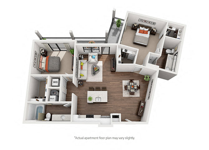 Floor plan for 2 beds, 2 baths, 1222 sqft