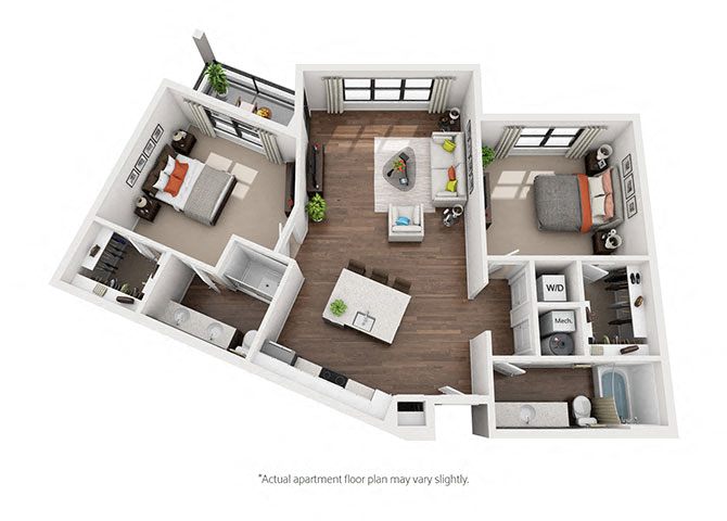 Floor plan for 2 beds, 2 baths, 1213 sqft