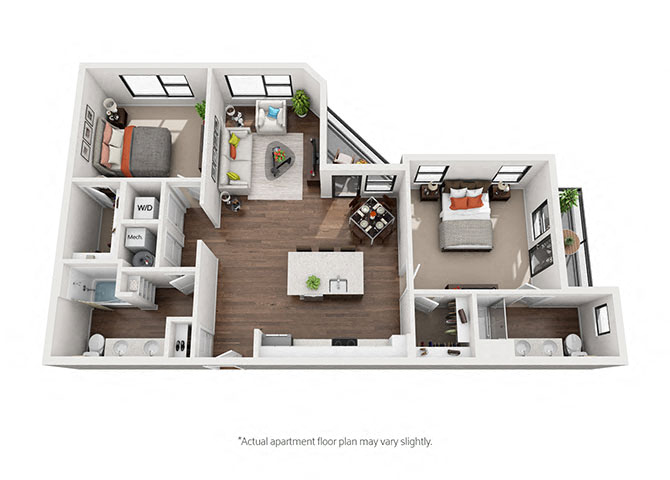 Floor plan for 2 beds, 2 baths, 1172 sqft