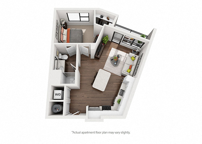 Floor plan for studio, 1 bath, 636 sqft