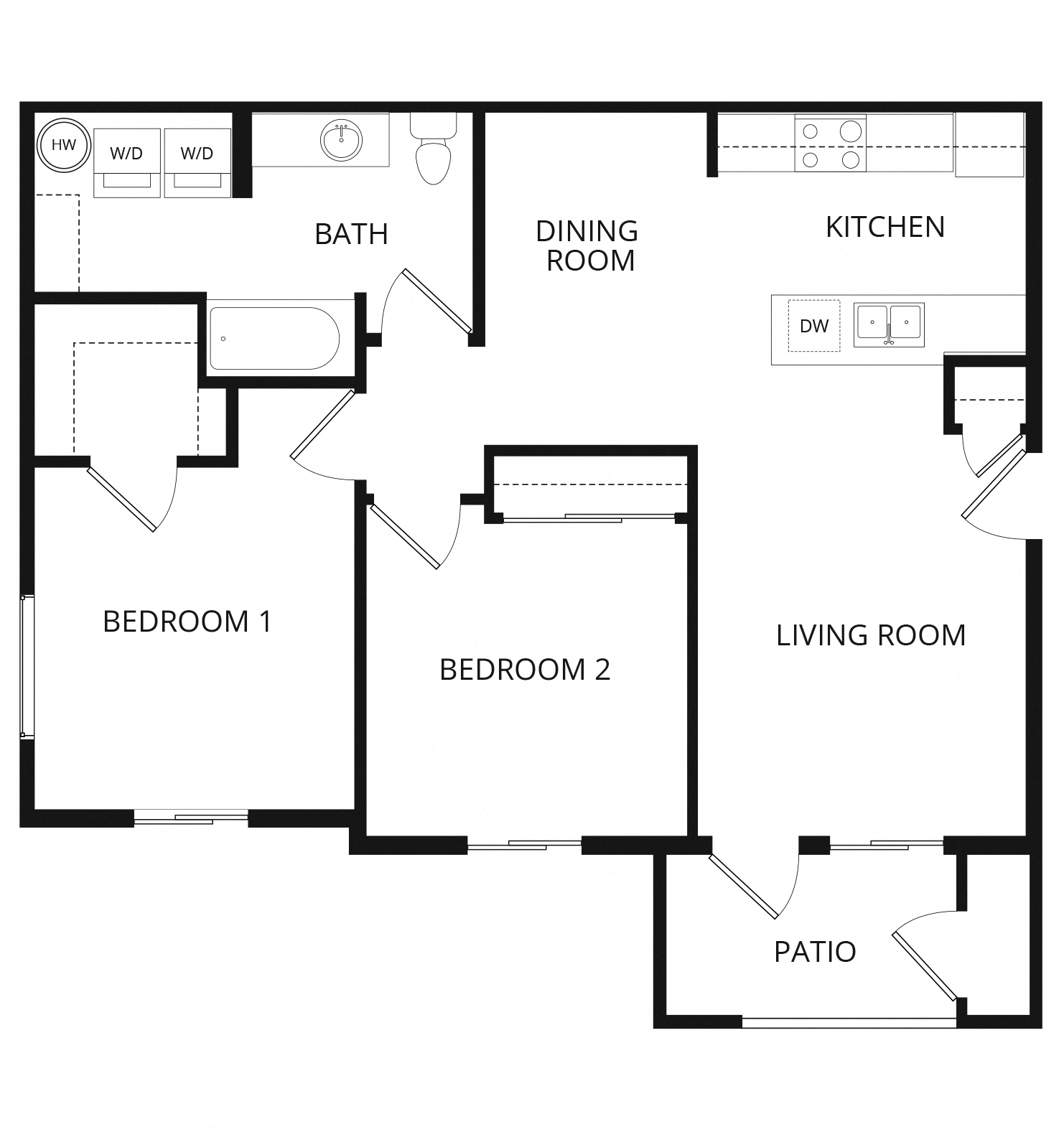 Floor plan for 2 beds, 1 bath, 915 sqft