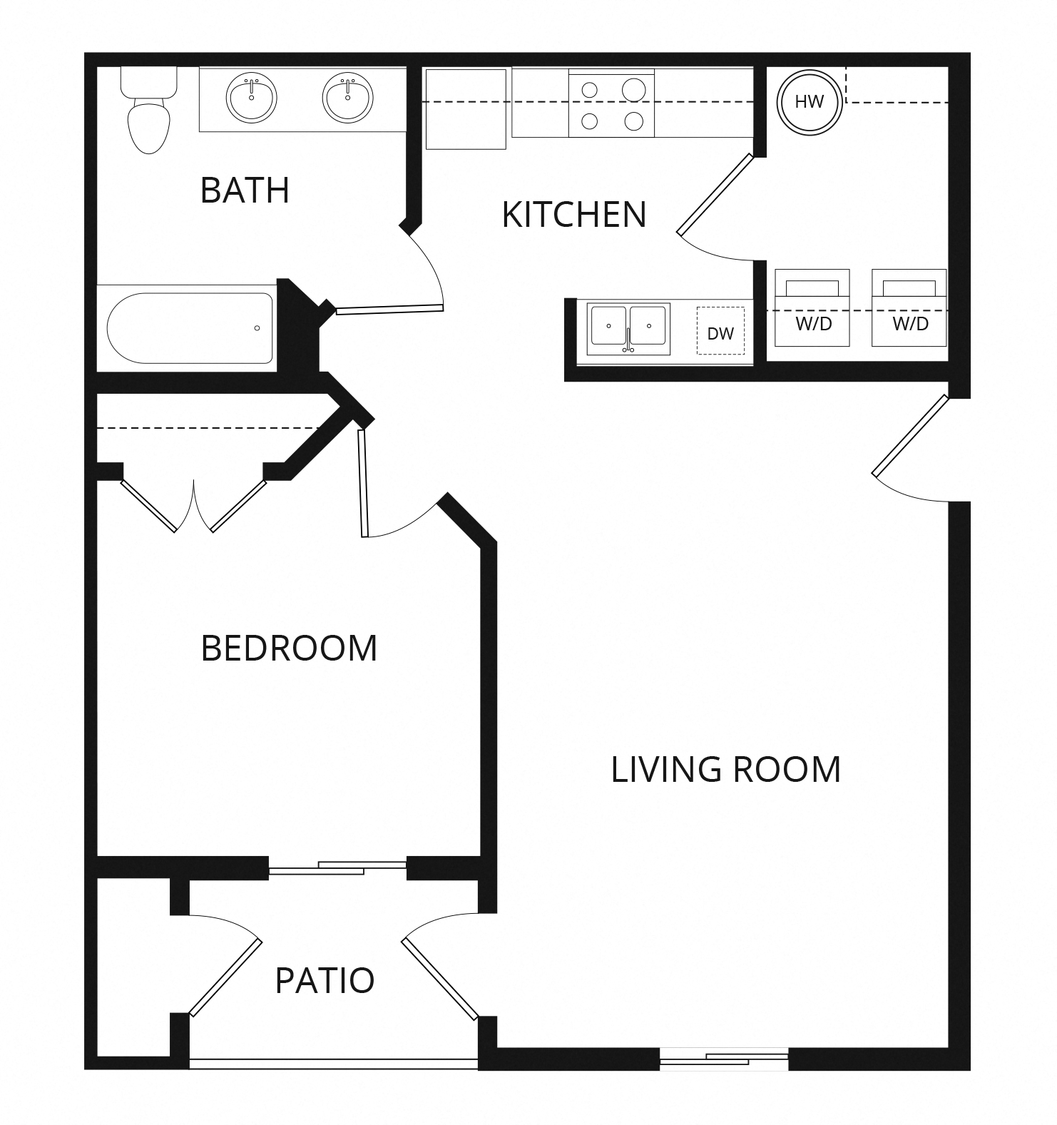 Floor plan for 1 bed, 1 bath, 677 sqft