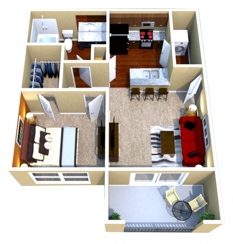 Floor plan for 1 bed, 1 bath, 565 sqft