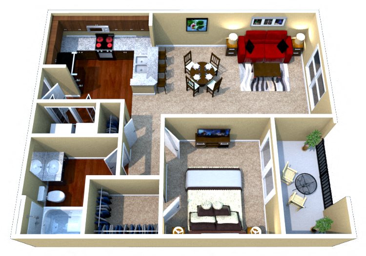 Floor plan for 1 bed, 1 bath, 625 sqft