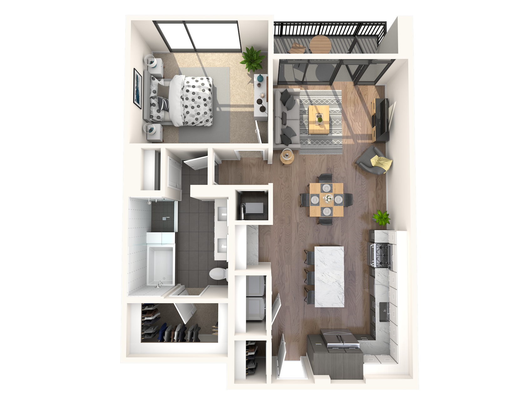 Floor plan for 1 bed, 1 bath, 987 sqft