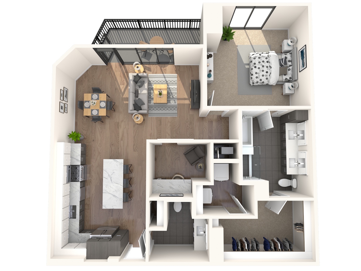 Floor plan for 1 bed, 1.5 baths, 1242 sqft