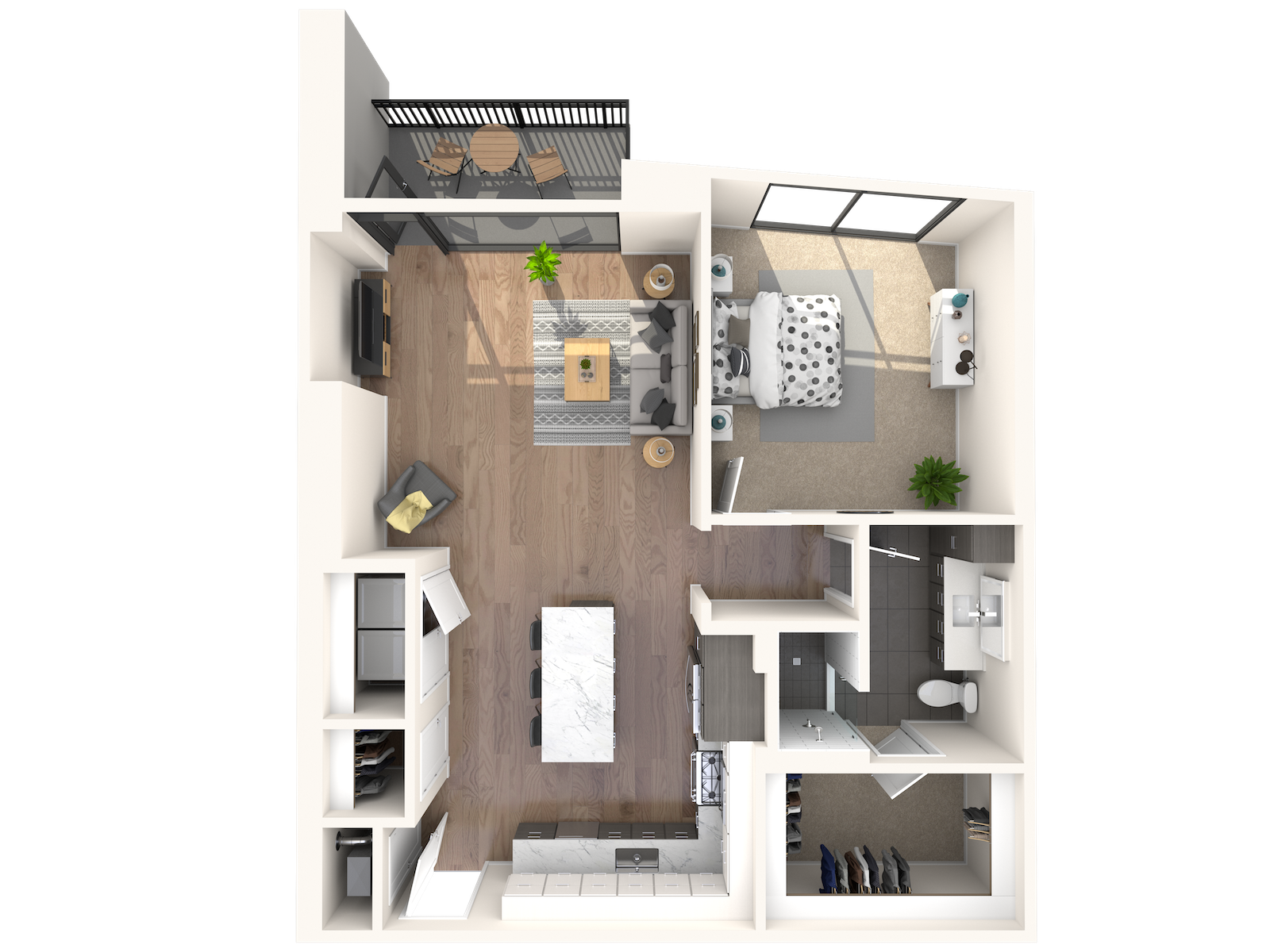 Floor plan for 1 bed, 1 bath, 890 sqft