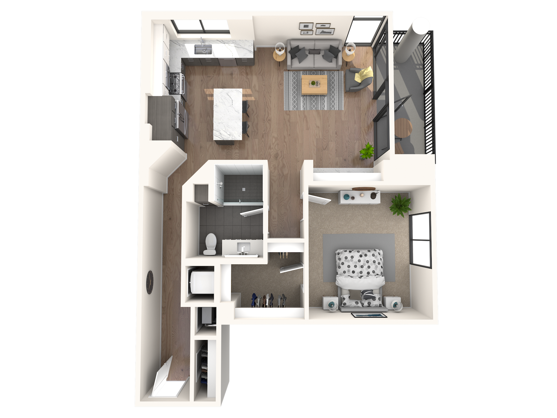 Floor plan for 1 bed, 1 bath, 971 sqft