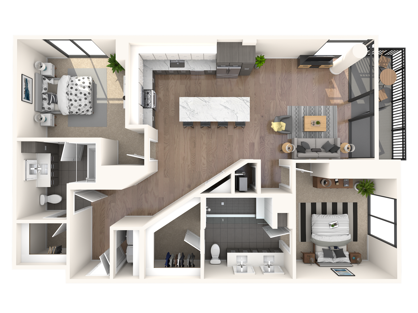 Floor plan for 2 beds, 2 baths, 1372 sqft