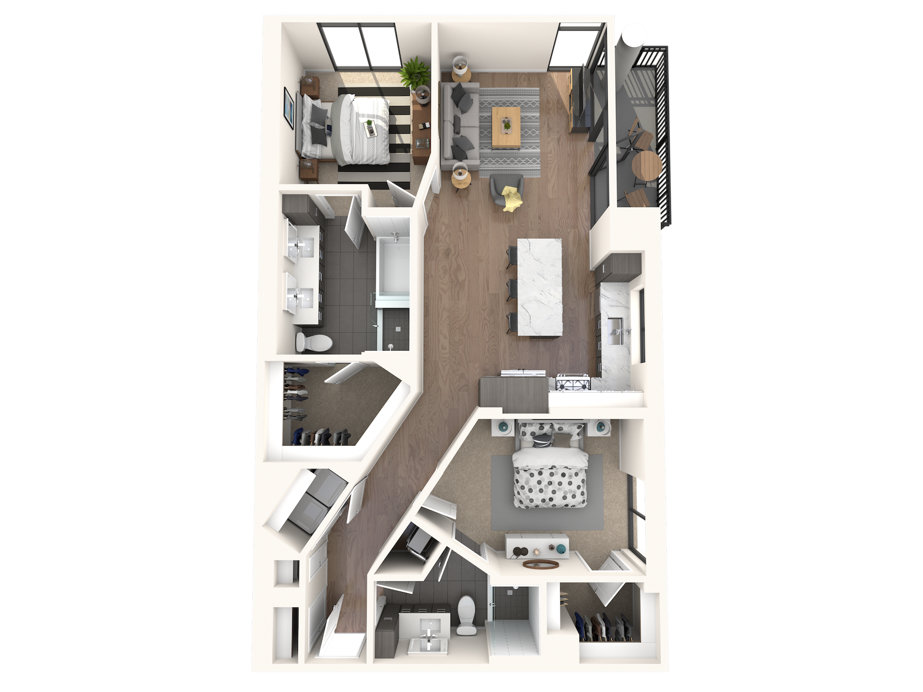 Floor plan for 2 beds, 2 baths, 1383 sqft