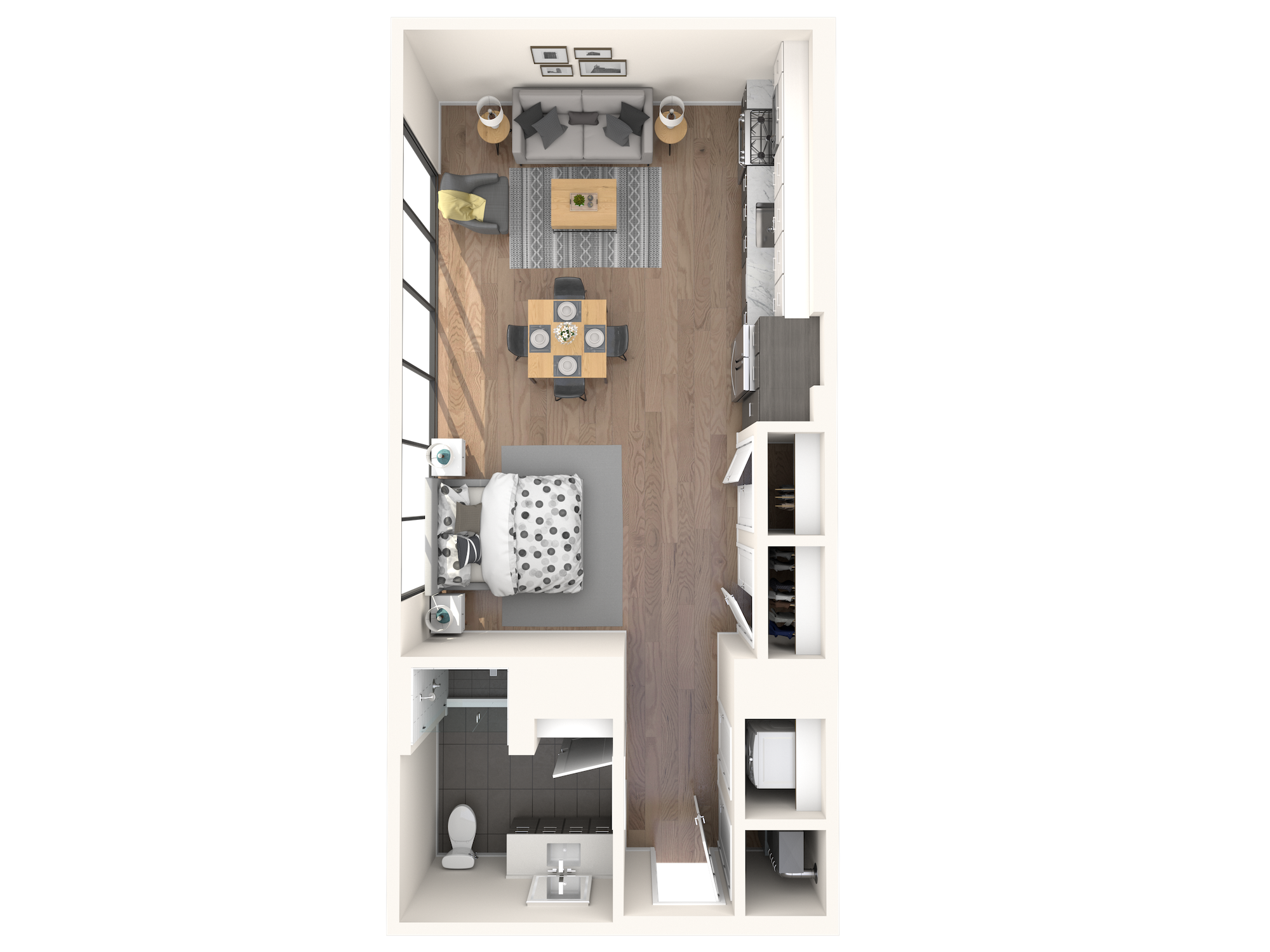 Floor plan for studio, 1 bath, 730 sqft