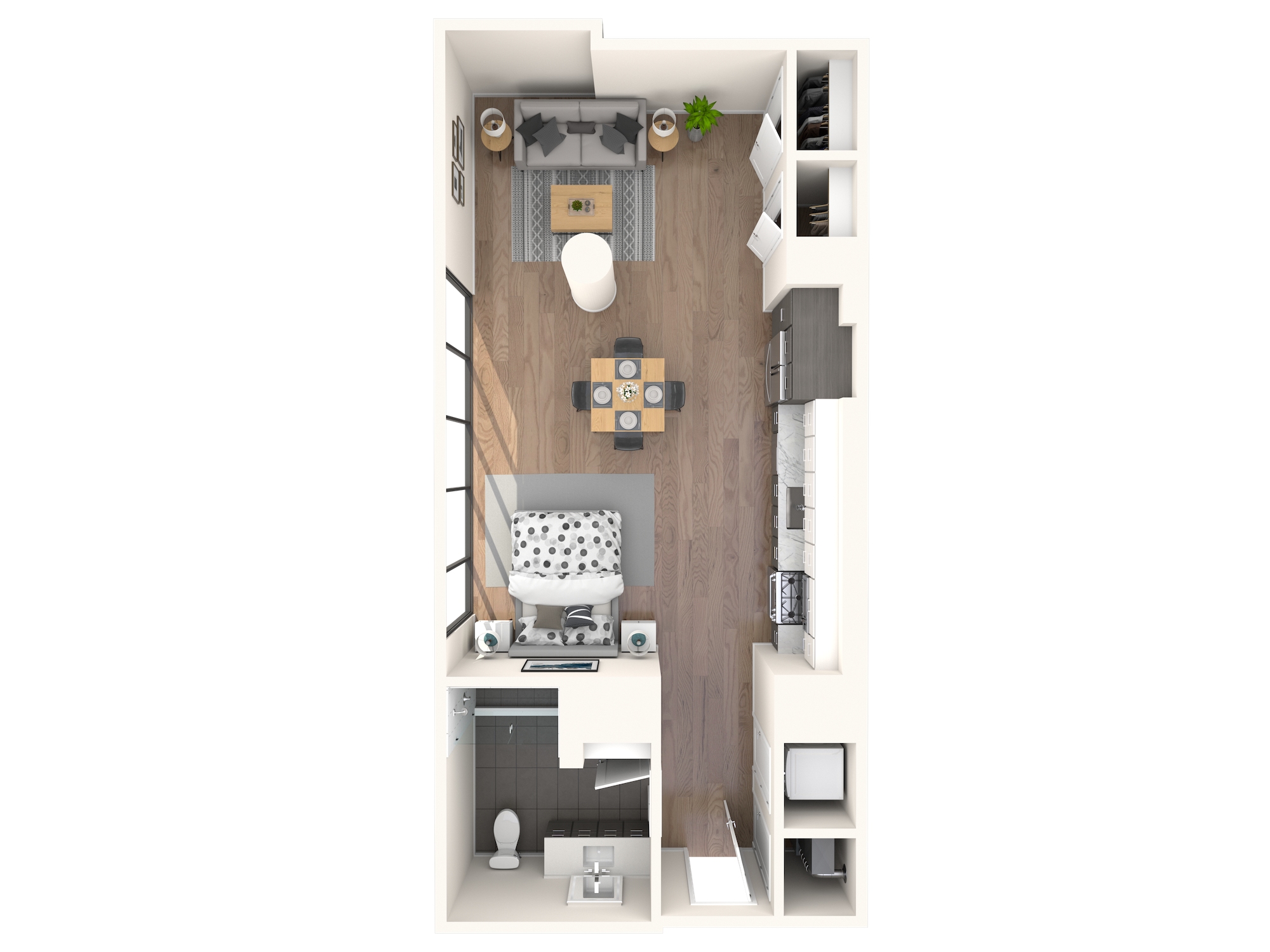 Floor plan for studio, 1 bath, 735 sqft