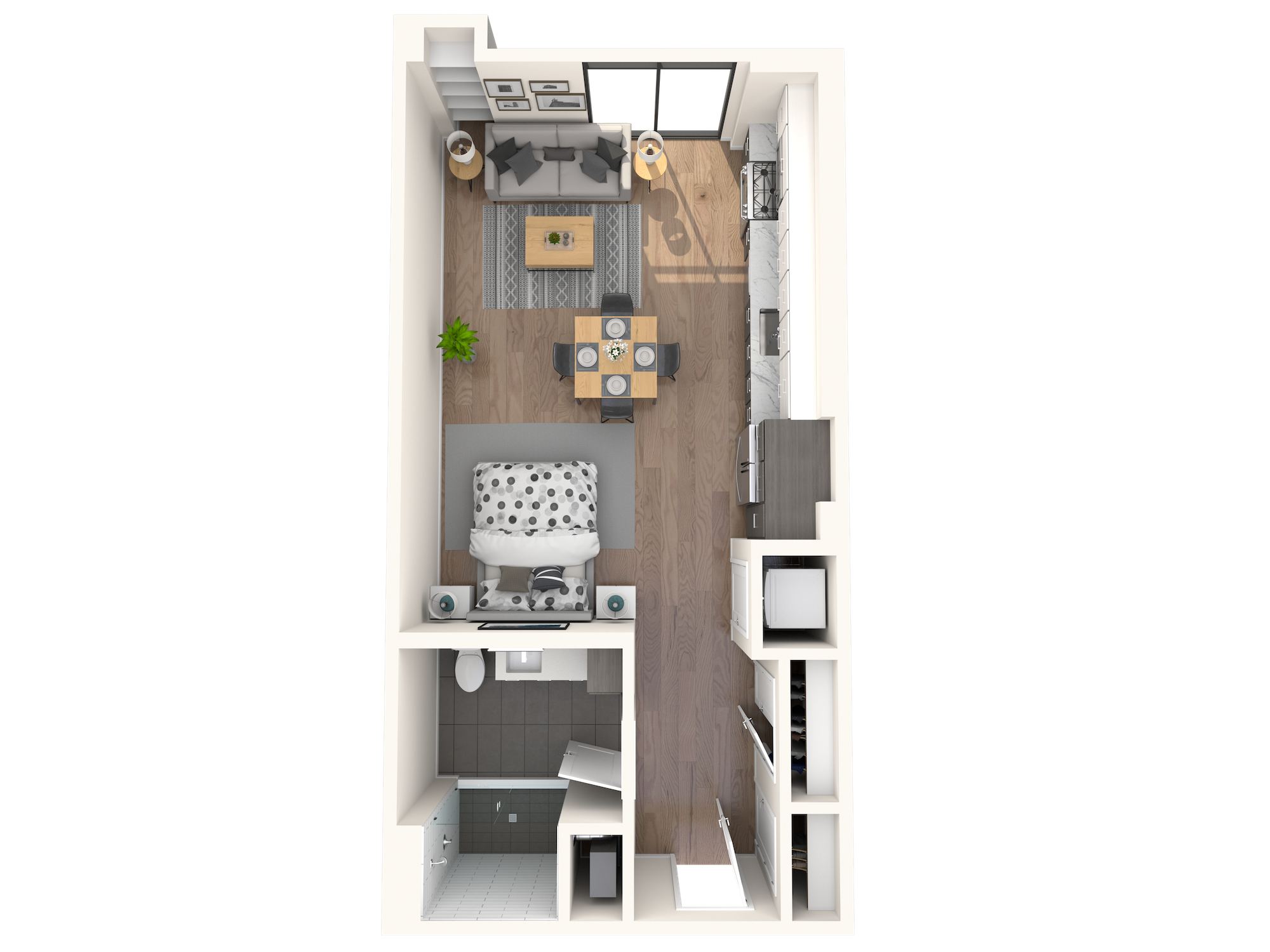 Floor plan for studio, 1 bath, 595 sqft