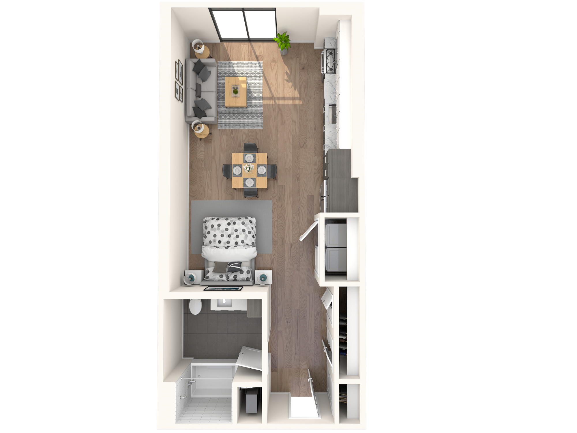 Floor plan for studio, 1 bath, 654 sqft
