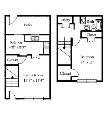 Floor plan for 1 bed, 1 bath, 650 sqft