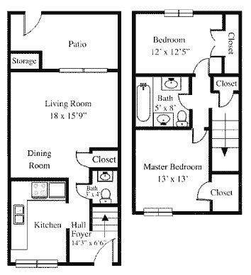 Floor plan for 2 beds, 1.5 baths, 850 sqft