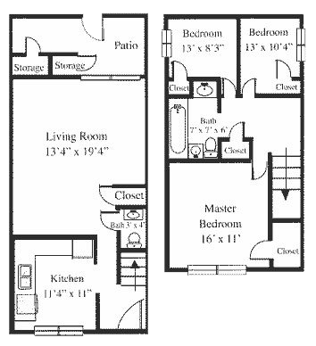 Floor plan for 3 beds, 1.5 baths, 1150 sqft