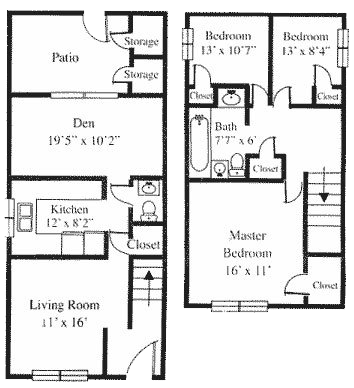 Floor plan for 3 beds, 1.5 baths, 1250 sqft